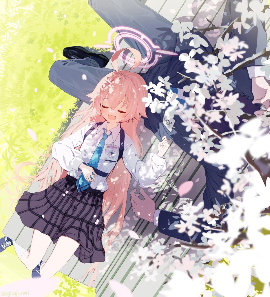 1boy 1girl ahoge aji_aji_nori bench black_footwear blue_archive blue_footwear blue_necktie cherry_blossoms closed_eyes clothes_grab collared_shirt double-parted_bangs falling_petals formal from_above grey_pants grey_skirt grey_suit halo hoshino_(blue_archive) id_card kneehighs long_hair long_sleeves lying necktie no_gloves on_back on_bench open_mouth outdoors pants petals pink_hair plaid plaid_skirt puffy_long_sleeves puffy_sleeves sensei_(blue_archive) shirt sitting sitting_on_bench skirt socks strap suit very_long_hair white_shirt white_socks