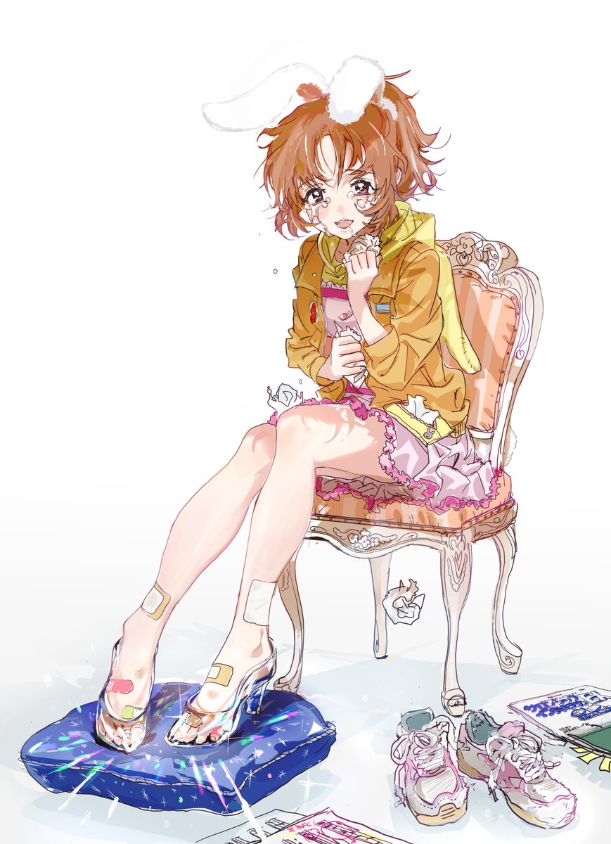 1girl abe_nana animal_ears bandaid bandaid_on_foot bandaid_on_leg bare_legs brown_eyes brown_hair crying crying_with_eyes_open dress glass_slipper happy_tears highres idolmaster idolmaster_cinderella_girls jacket looking_at_viewer on_chair open_mouth orange_jacket pink_dress ponytail rabbit_ears shoes sneakers solo tagme tears tsurumai_kada used_tissue