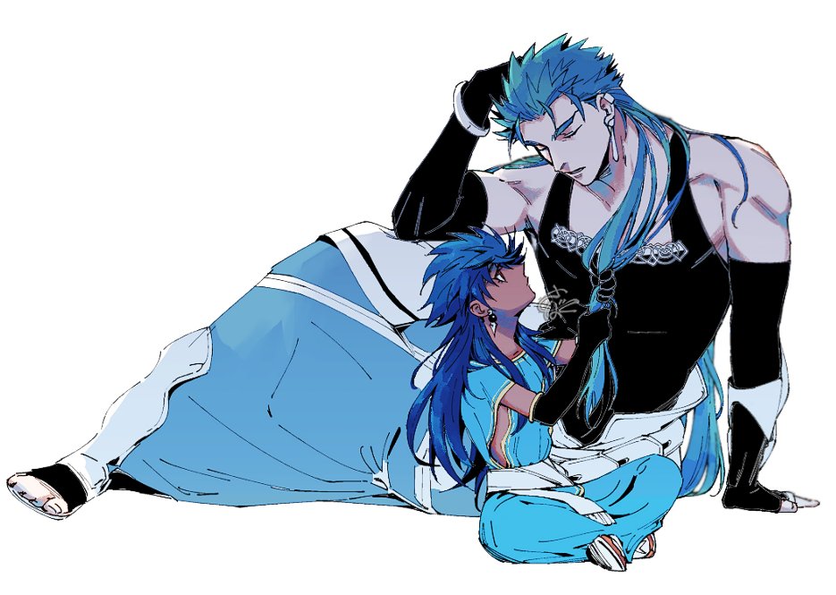 1boy 1other aged_down bare_shoulders black_gloves black_shirt blue_hair blue_robe bracelet child closed_eyes cu_chulainn_(caster)_(fate) cu_chulainn_(fate) earrings elbow_gloves fate/grand_order fate_(series) full_body gloves hand_on_own_head holding_another's_hair indian_style jewelry long_hair looking_at_another lying male_focus multiple_boys ponytail profile red_eyes robe romulus_quirinus_(fate) sbdugite shirt simple_background sitting sleeveless spiky_hair tan white_background