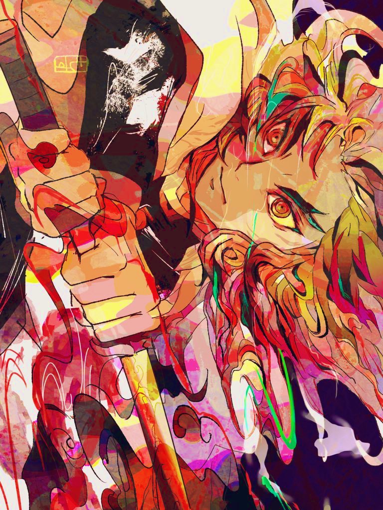 1boy blonde_hair cape closed_mouth dark_background demon_slayer_uniform fighting_stance floating_clothes floating_hair forked_eyebrows holding holding_sword holding_weapon katana kimetsu_no_yaiba long_hair looking_afar male_focus mos_catwalking multicolored_clothes multicolored_hair purple_background rengoku_kyoujurou simple_background smoke solo sword watermark weapon white_cape