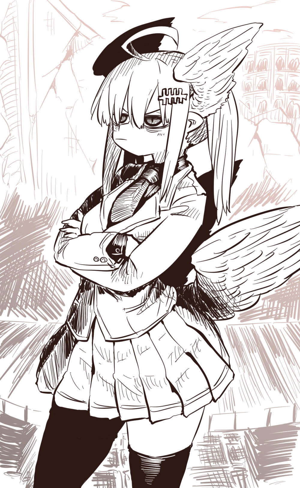 1girl :| ahoge angel angel_wings aohada_bocchi black_shirt black_thighhighs closed_mouth commentary_request crossed_arms head_wings highres ink_(medium) jacket lian_(aohada_bocchi) monochrome pointy_ears ponytail school_uniform shading_mismatch shirt sidelocks skirt thigh-highs traditional_media unfinished unfinished_background white_background white_jacket white_skirt wings zyugoya