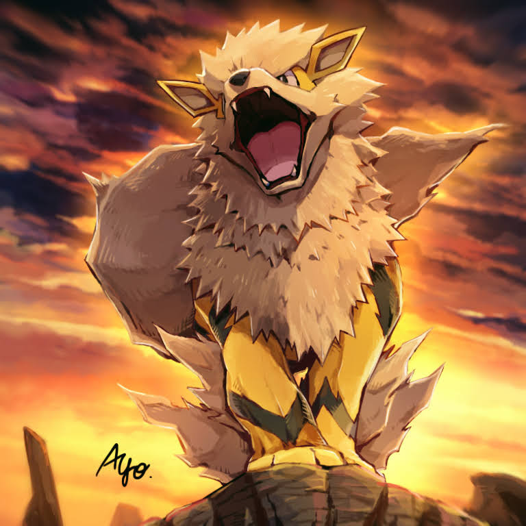 alternate_color arcanine ayo_(ayosanri009) black_eyes bright_pupils commentary_request fangs from_below no_humans open_mouth outdoors pokemon pokemon_(creature) shiny_pokemon signature solo standing tongue twilight white_pupils