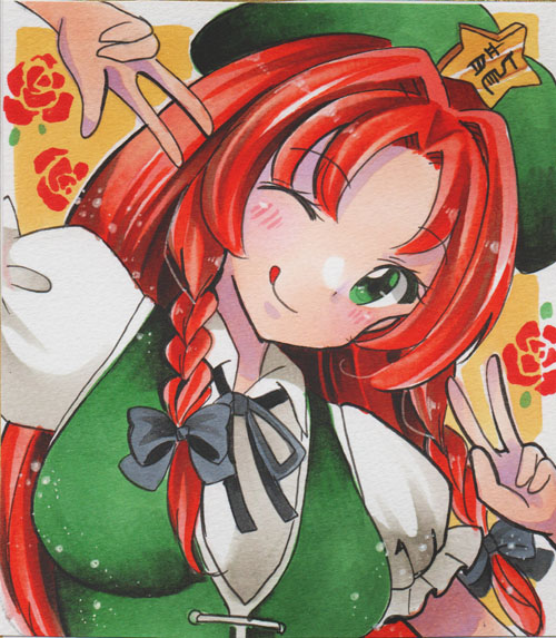 1girl :q arm_up beret black_bow black_ribbon bow braid breasts collared_shirt double_v floral_background flower frilled_sleeves frills green_eyes green_vest hair_bow hat hat_ornament hong_meiling long_hair looking_at_viewer maccha_xxxxxx marker_(medium) medium_breasts neck_ribbon one_eye_closed puffy_short_sleeves puffy_sleeves red_flower red_headwear red_rose redhead ribbon rose rose_background shirt short_sleeves simple_background solo star_(symbol) star_hat_ornament tongue tongue_out touhou traditional_media twin_braids upper_body v vest white_shirt yellow_background