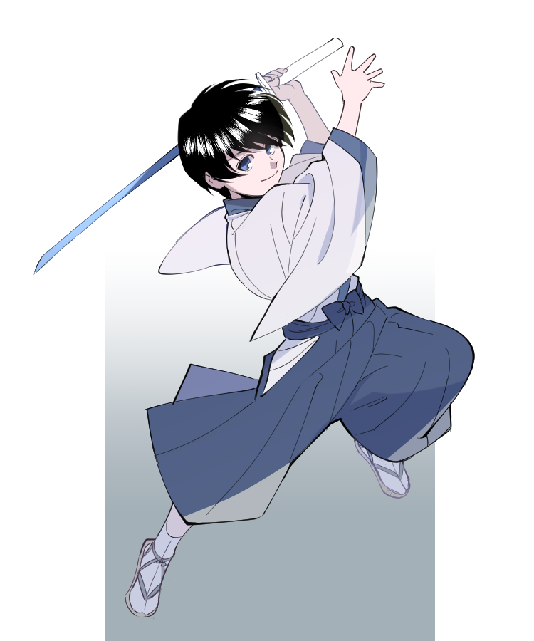 1boy aged_down black_hair blue_bow blue_eyes blue_hakama bow child closed_mouth full_body gradient_background grey_background hakama holding holding_sword holding_weapon incoming_attack japanese_clothes jumping kimono long_sleeves looking_at_viewer male_child male_focus okurase rurouni_kenshin seta_soujirou short_hair smile socks solo standing sword tabi unsheathed waraji weapon white_background white_kimono white_socks wide_sleeves