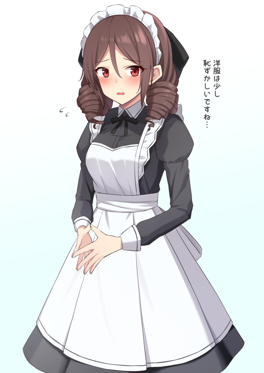 1girl akahi242 alternate_costume apron black_dress blush brown_hair dress drill_hair enmaided flying_sweatdrops harukaze_(kancolle) highres juliet_sleeves kantai_collection long_sleeves maid maid_apron maid_headdress open_mouth puffy_sleeves red_eyes short_hair solo translation_request white_apron