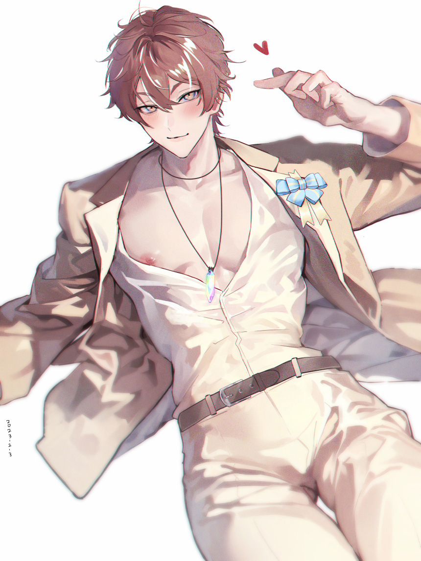 1boy arm_rest belt blue_ribbon blurry blush brown_belt brown_hair cowboy_shot crystal dated depth_of_field eiden_(nu_carnival) finger_heart hair_between_eyes heart jacket jewelry light_smile looking_at_viewer lying necklace nipples nu_carnival official_alternate_costume open_clothes owner_bird ribbon see-through shirt white_background white_shirt yellow_eyes