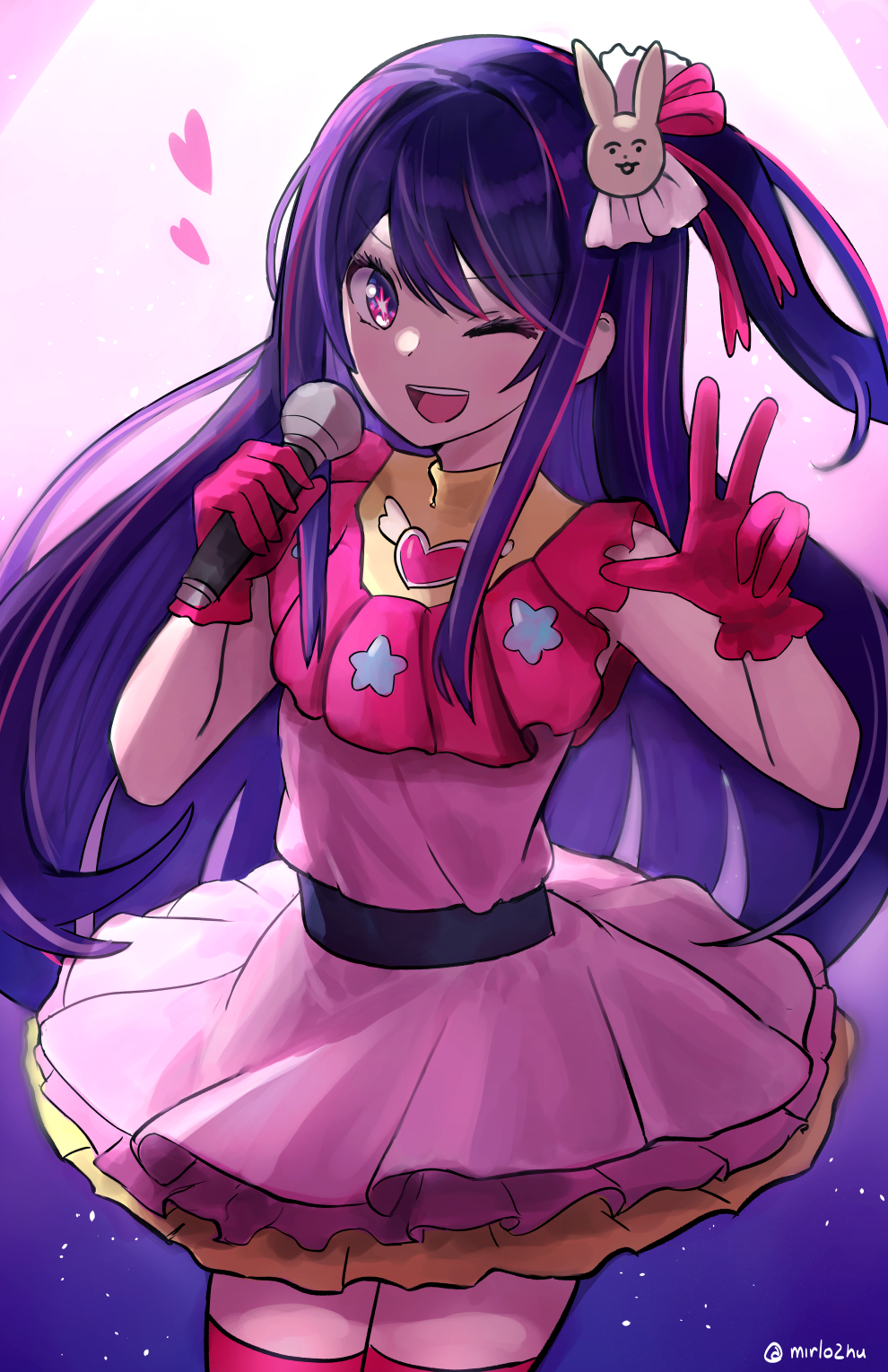 1girl artist_name belt black_belt boots commentary dress frilled_dress frilled_gloves frills gloves heart highres holding holding_microphone hoshino_ai_(oshi_no_ko) idol long_hair microphone mirlo2hu multicolored_hair one_eye_closed one_side_up open_mouth oshi_no_ko pink_dress pink_footwear pink_gloves pink_hair purple_hair sidelocks sleeveless sleeveless_dress smile solo star-shaped_pupils star_(symbol) streaked_hair swept_bangs symbol-shaped_pupils teeth thigh_boots turtleneck_dress v violet_eyes zettai_ryouiki