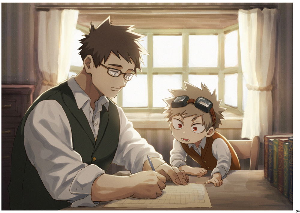 2boys aged_down akiyama_(noconoco) bakugou_katsuki bakugou_masaru black-framed_eyewear black_vest blonde_hair boku_no_hero_academia book border brown_hair brown_vest buttons chair child closed_mouth collared_shirt commentary_request curtains dress_shirt facial_hair father_and_son glasses goggles goggles_on_head holding holding_pen indoors long_sleeves looking_down lower_teeth_only male_child male_focus multiple_boys mustache open_mouth paper pen rectangular_eyewear red_eyes round_teeth shirt short_hair sitting sleeves_rolled_up smile smirk spiky_hair table teeth vest white_border white_shirt window wing_collar