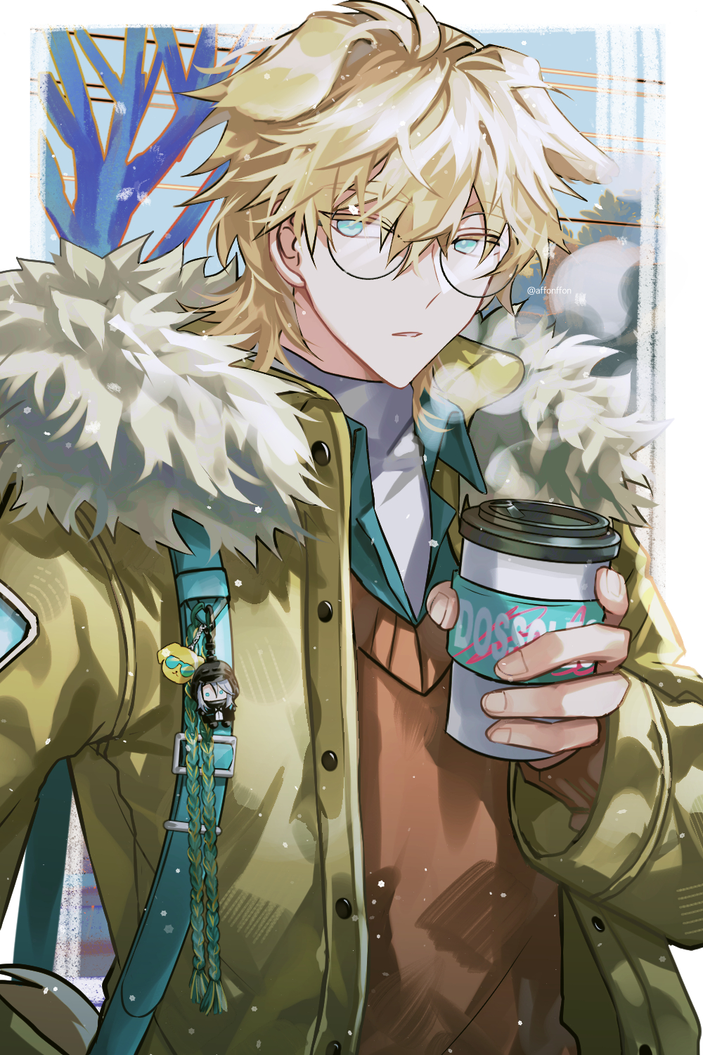 1boy 1other animal_ears arknights bag bare_tree bespectacled blue_eyes blue_shirt border character_doll coffee_cup collared_shirt commentary_request cup disposable_cup doctor_(arknights) dog_boy dog_ears fur-trimmed_jacket fur_trim glass glasses green_jacket highres holding holding_cup jacket korean_commentary long_sleeves looking_at_viewer male_focus messenger_bag onun outdoors parted_lips red_vest shirt short_hair shoulder_bag solo_focus tequila_(arknights) tree upper_body vest