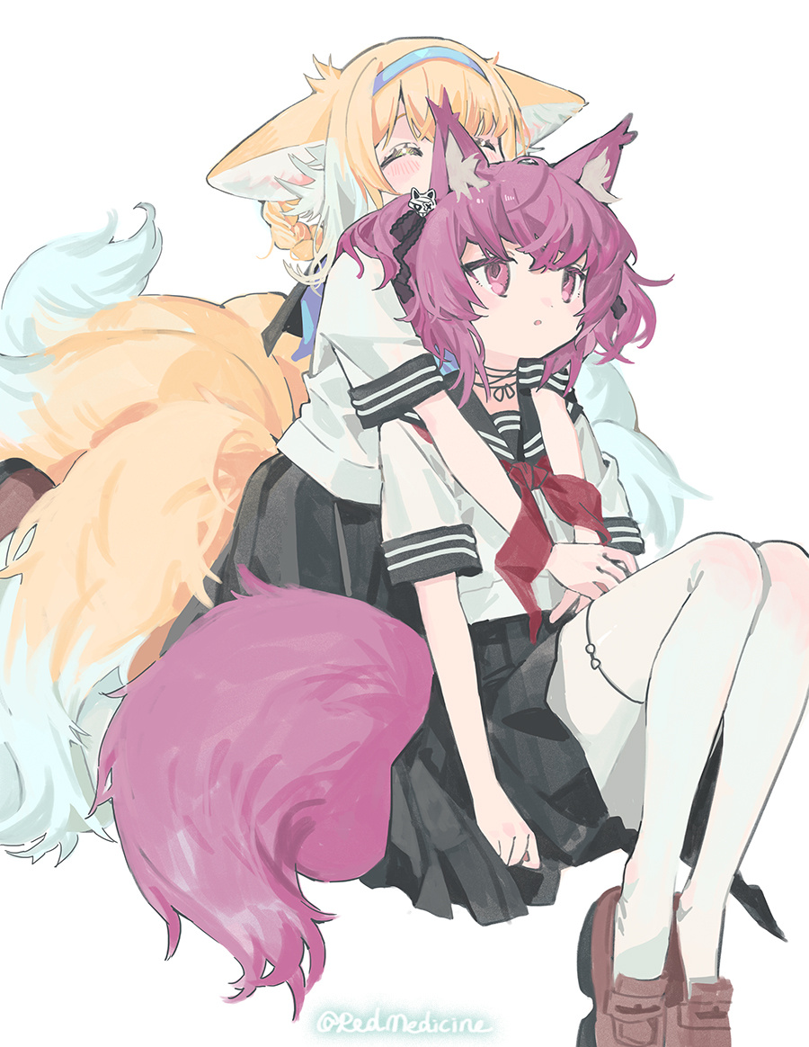 2girls alternate_costume animal_ear_fluff animal_ears arknights artist_name black_sailor_collar black_skirt blonde_hair braid brown_footwear chinese_commentary closed_eyes commentary_request fox_ears fox_girl fox_tail hug hug_from_behind kitsune kneeling knees_up kyuubi looking_up matching_outfit multicolored_hair multiple_girls multiple_tails pantyhose parted_lips pleated_skirt purple_hair red_(girllove) red_ribbon ribbon sailor_collar school_uniform serafuku shamare_(arknights) shirt shoes short_hair short_sleeves sitting skirt suzuran_(arknights) tail twin_braids twintails two-tone_hair violet_eyes white_background white_hair white_pantyhose white_shirt