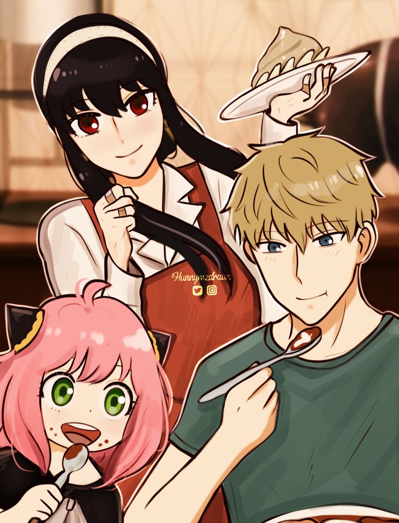 1boy 2girls :d :t ahoge anya_(spy_x_family) apron black_hair blonde_hair blurry blurry_background blush collared_shirt eating father_and_daughter female_child green_eyes green_shirt hair_between_eyes hair_down headband holding holding_plate holding_spoon hunnymzdraws husband_and_wife indoors long_hair mother_and_daughter multiple_girls open_mouth pink_hair plate red_apron red_eyes shirt short_hair sidelocks smile spoon spy_x_family twilight_(spy_x_family) twitter_username watermark white_headband white_shirt yor_briar
