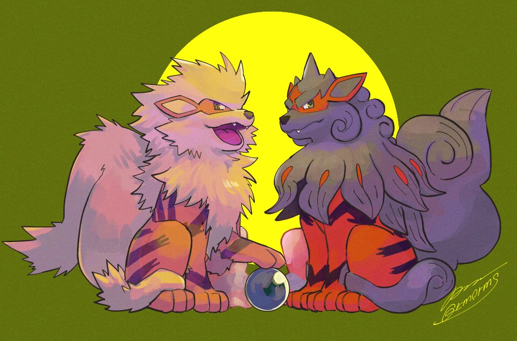 arcanine bright_pupils brown_eyes closed_mouth commentary_request fangs hisuian_arcanine no_humans open_mouth orb pokemon pokemon_(creature) sagemaru-br signature sitting tongue white_pupils