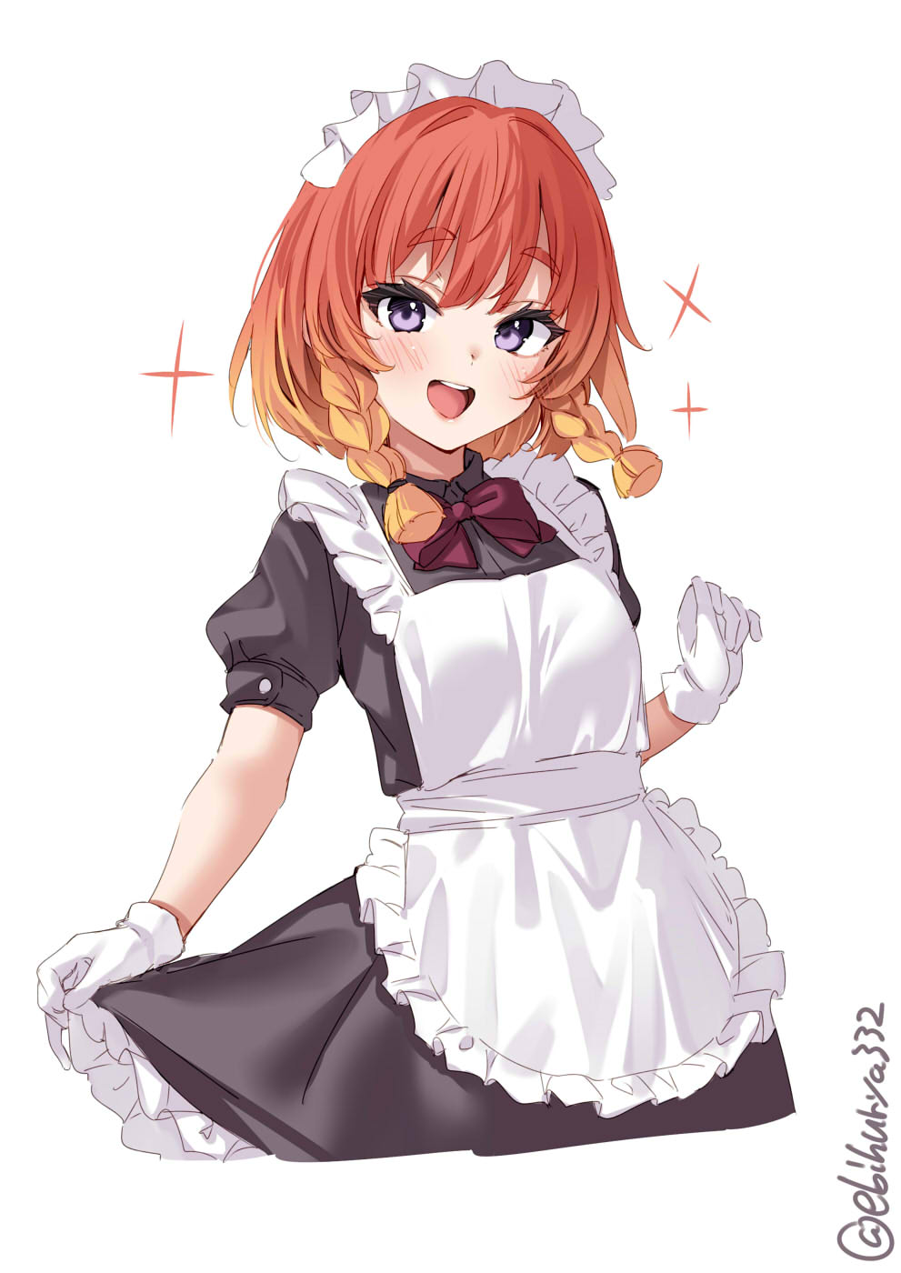 1girl apron blonde_hair blush bow bowtie braid character_request ebifurya frills gloves highres kantai_collection looking_at_viewer maid maid_apron maid_headdress open_mouth orange_hair puffy_sleeves short_sleeves solo twin_braids violet_eyes
