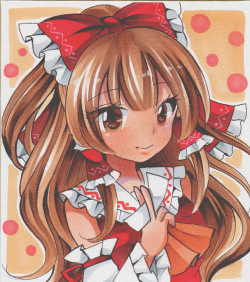 1girl ascot bare_shoulders between_fingers bow breasts brown_eyes brown_hair closed_mouth detached_sleeves frilled_bow frilled_hair_tubes frilled_shirt_collar frills hair_bow hair_tubes hakurei_reimu holding long_hair looking_at_viewer maccha_xxxxxx marker_(medium) medium_breasts orange_ascot red_bow red_ribbon red_shirt ribbon shirt simple_background sleeve_ribbon sleeveless sleeveless_shirt solo touhou traditional_media upper_body yellow_background
