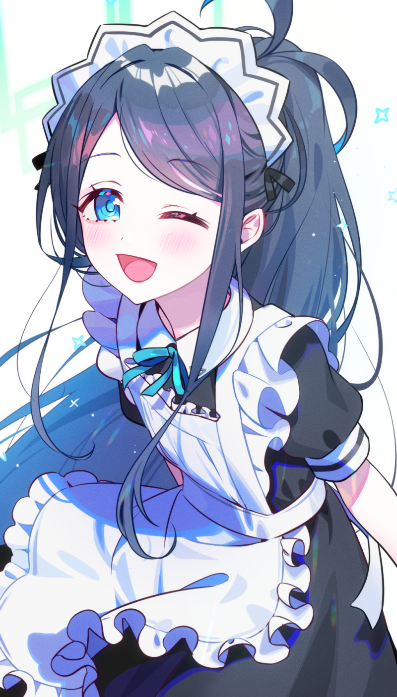 1girl ;d aris_(blue_archive) aris_(maid)_(blue_archive) black_hair blue_archive blue_eyes blush gradient_hair halo highres long_hair looking_at_viewer maid maid_headdress multicolored_hair official_alternate_costume one_eye_closed open_mouth ponytail short_sleeves smile solo yuura