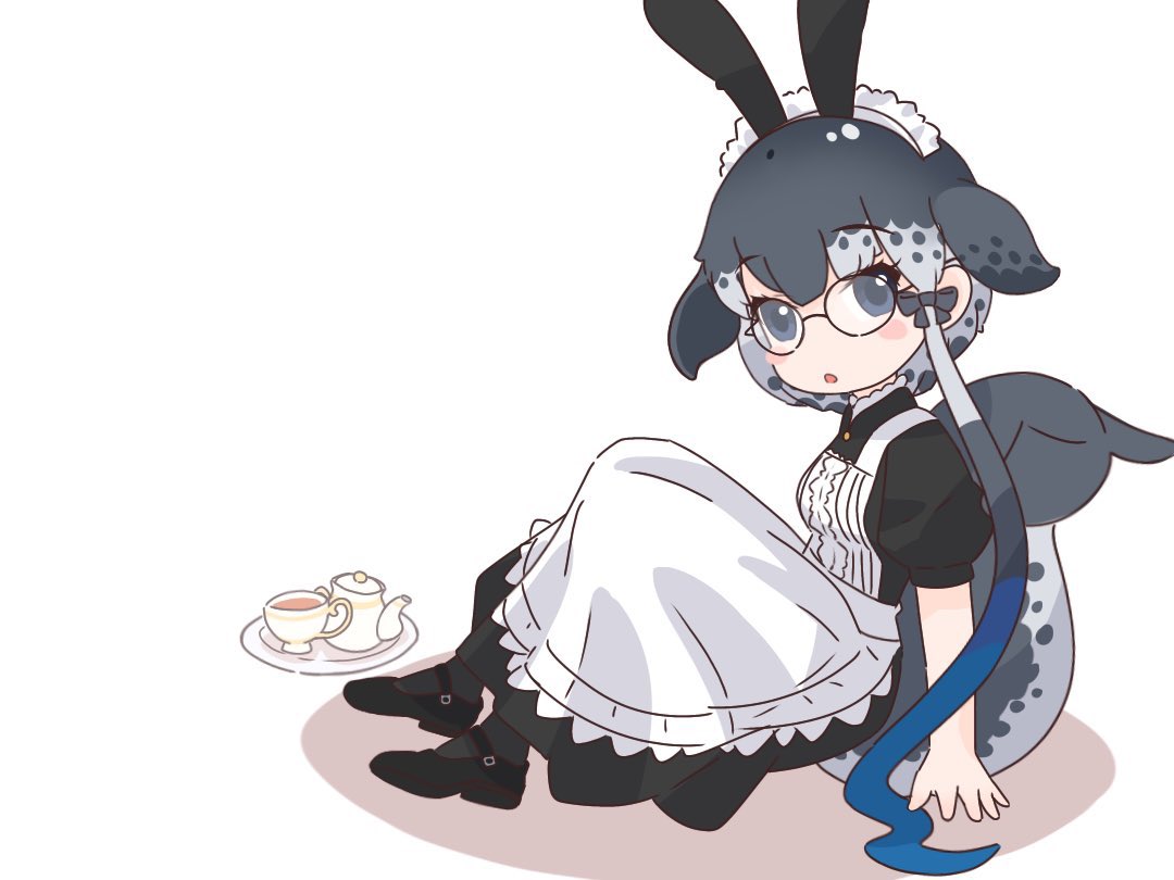 alternate_costume alternate_eyewear animal_ears apron black_dress black_footwear black_pantyhose blue_eyes blue_hair blush bow cetacean_tail cup dress enmaided fake_animal_ears fins fish_tail frilled_apron frills glasses grey_hair hair_between_eyes hair_bow kemono_friends kemono_friends_3 long_dress looking_at_viewer maid maid_day maid_headdress mary_janes multicolored_hair narwhal_(kemono_friends) official_alternate_costume pantyhose rabbit_ears sarutori shoes short_hair_with_long_locks tail teacup teapot tray whale_girl white_apron