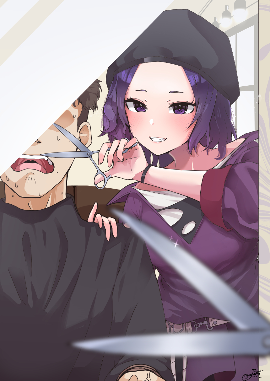 1boy 1girl blurry blurry_foreground blush faceless faceless_male forehead grin highres holding holding_scissors idolmaster idolmaster_shiny_colors looking_at_mirror mirror nyarotto parted_bangs pov producer_(idolmaster) purple_hair reflection scissors signature smile sweatdrop tanaka_mamimi violet_eyes