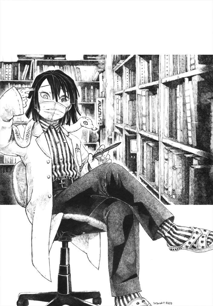 1boy animal animal_on_shoulder belt bookshelf breast_pocket chair collared_shirt covered_mouth crossed_legs dated dress_shirt feet_out_of_frame flip-flops greyscale hand_up heterochromia holding holding_pen iguro_obanai kaburamaru kimetsu_gakuen kimetsu_no_yaiba lab_coat long_sleeves looking_at_viewer male_focus marumaru_(curry_tabetai_2) mask monochrome mouth_mask office_chair outside_border pants pen pocket pointing pointing_at_self sandals shirt shirt_tucked_in short_hair sitting sleeves_past_wrists snake socks striped striped_shirt striped_socks swivel_chair