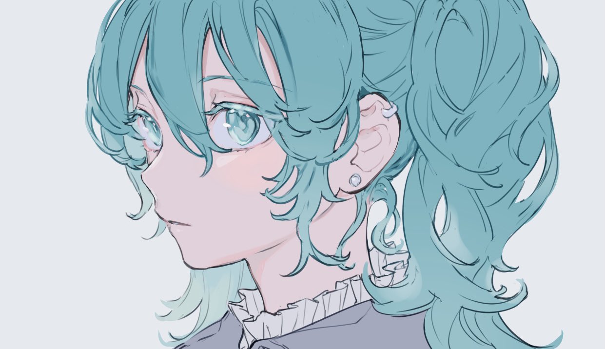 1girl alternate_hairstyle aqua_eyes aqua_hair earclip earrings frills from_side hair_between_eyes hatsune_miku jewelry long_hair makoto_(roketto-massyumaro) parted_lips portrait simple_background solo stud_earrings twintails vocaloid white_background