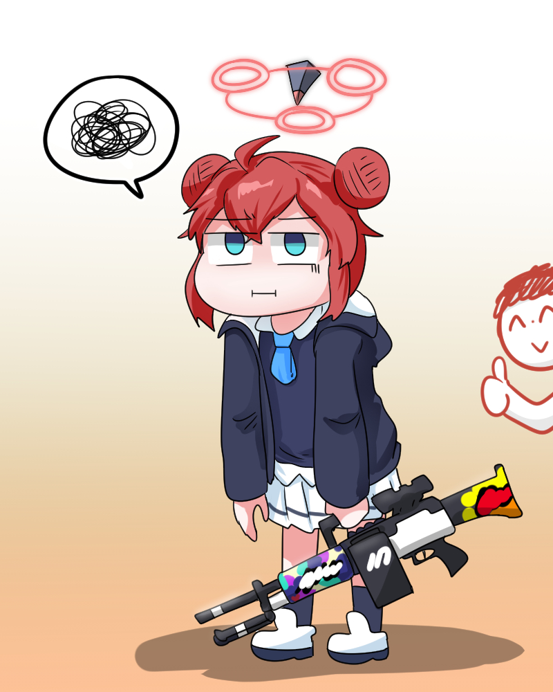 1boy 1girl ahoge arona's_sensei_doodle_(blue_archive) blue_archive blue_eyes c/h collared_shirt double_bun english_commentary general_dynamics_lwmmg gun hair_between_eyes hair_bun halo holding holding_gun holding_weapon korean_commentary looking_at_viewer maki_(blue_archive) medium_hair mixed-language_commentary pleated_skirt redhead school_uniform sensei_(blue_archive) shirt sidelocks skirt thumbs_up weapon
