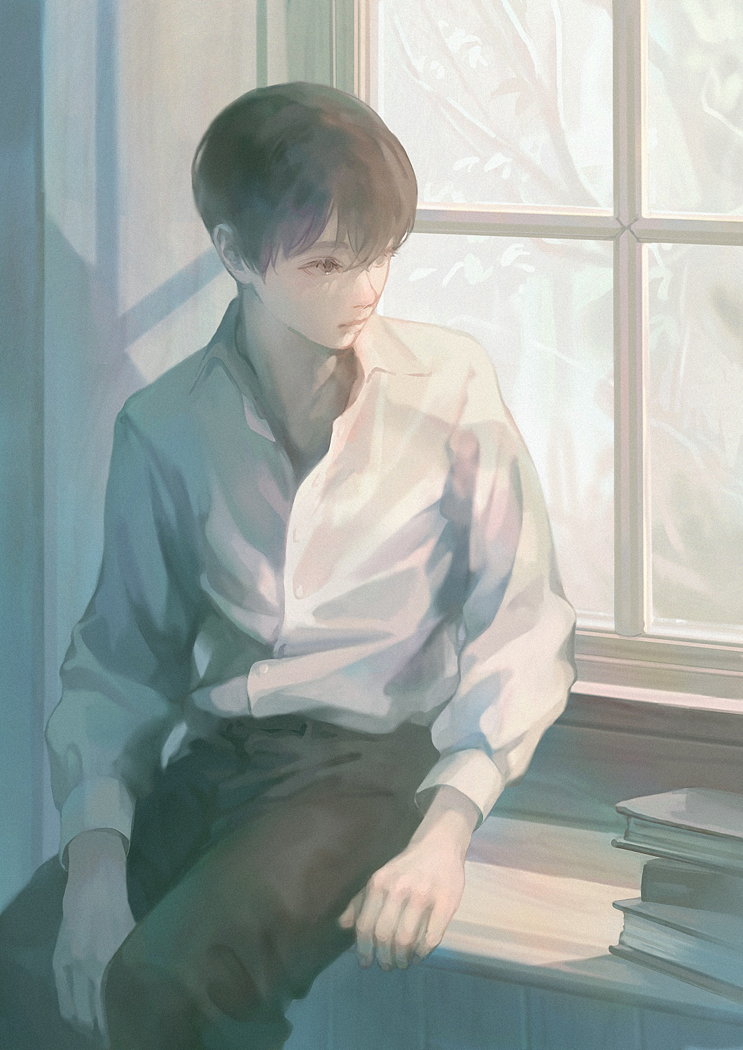 1boy black_pants book book_stack brown_eyes brown_hair closed_mouth collared_shirt commentary crossed_bangs dress_shirt highres hotatenshi looking_outside male_focus original pants shirt shirt_tucked_in sitting solo white_shirt window window_shade