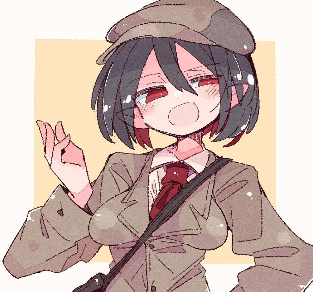 1girl black_hair blush brown_headwear brown_jacket buttons collared_shirt ears_visible_through_hair hair_between_eyes hat jacket long_sleeves massakasama necktie open_mouth pointy_ears red_eyes red_necktie shameimaru_aya shameimaru_aya_(newsboy) shirt short_hair solo touhou upper_body white_shirt