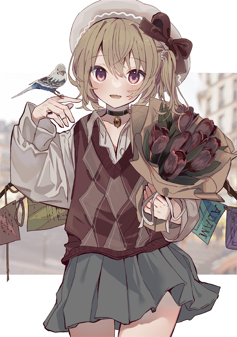 1girl adapted_costume animal bird bird_on_hand black_choker blonde_hair blush bouquet choker collarbone cowboy_shot fang flandre_scarlet flower grey_skirt hat holding holding_bouquet long_hair open_mouth pleated_skirt red_eyes red_flower side_ponytail skin_fang skirt smile solo tamagogayu1998 touhou white_headwear wings