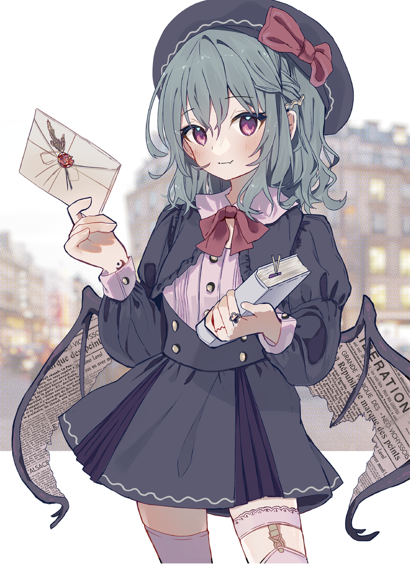 1girl blush book bow bowtie buttons closed_mouth commentary_request cowboy_shot dress envelope flat_chest green_hair hair_between_eyes hat holding holding_book holding_envelope long_sleeves looking_at_viewer medium_hair newspaper puffy_sleeves red_bow red_bowtie red_eyes remilia_scarlet solo tamagogayu1998 thigh-highs torn_wings touhou wings