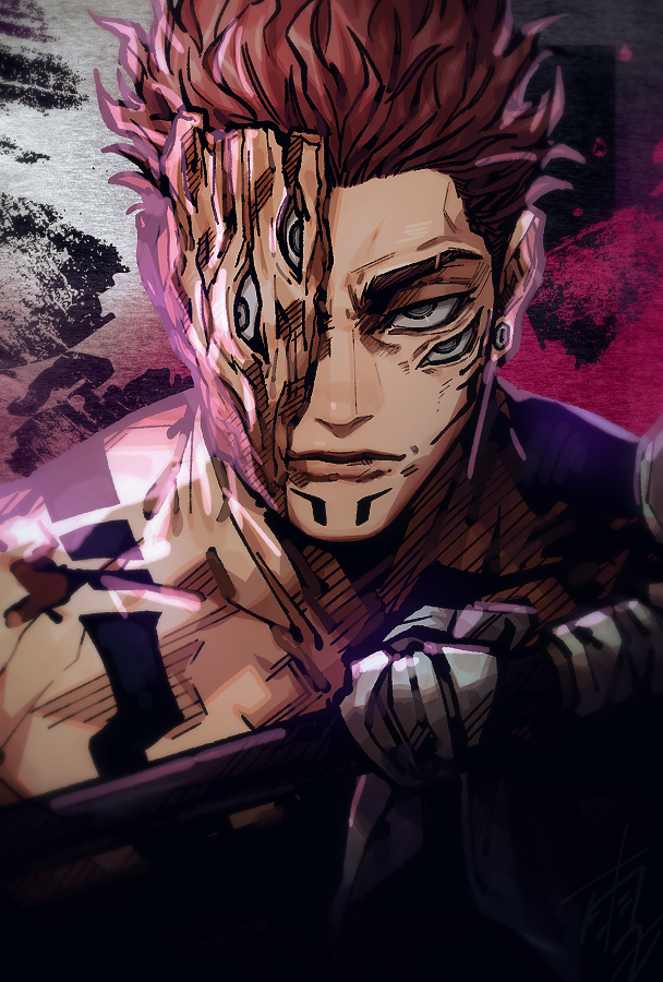 1boy body_markings closed_mouth collarbone dark_background earrings extra_eyes facial_mark facing_viewer grey_eyes grmms_otk itadori_yuuji jewelry jujutsu_kaisen looking_at_viewer male_focus multicolored_background muscular muscular_male pink_hair ryoumen_sukuna_(jujutsu_kaisen) short_hair sketch solo stud_earrings tattoo topless_male undercut