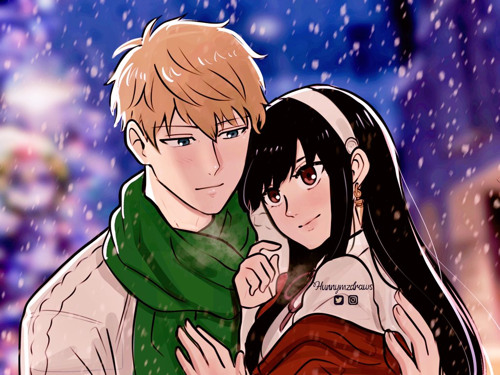 1boy 1girl black_hair blonde_hair blue_eyes blurry blurry_background blush breath earrings gold_earrings green_scarf hand_on_another's_back hand_on_another's_chest headband hetero hug hunnymzdraws husband_and_wife jewelry long_hair looking_at_another night outdoors red_eyes scarf short_hair smile snow snowing spy_x_family twilight_(spy_x_family) twitter_username watermark white_headband winter winter_clothes yor_briar