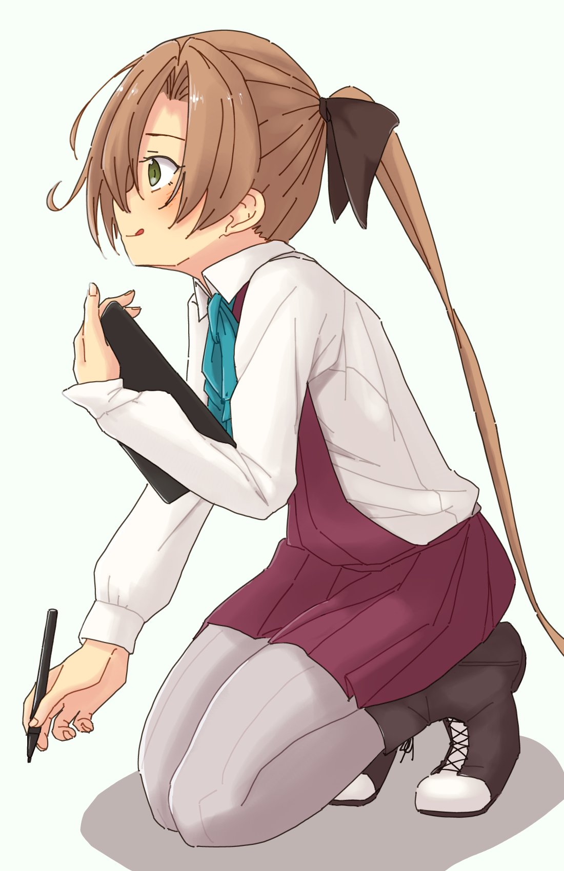 1girl akigumo_(kancolle) boots brown_hair collared_shirt cross-laced_footwear drawing_tablet dress dress_shirt green_eyes grey_pantyhose hair_ribbon highres kantai_collection kneeling lace-up_boots long_hair mole mole_under_eye okmtaberuo pantyhose pleated_dress ponytail purple_dress ribbon school_uniform shirt simple_background solo stylus tongue tongue_out white_background white_shirt