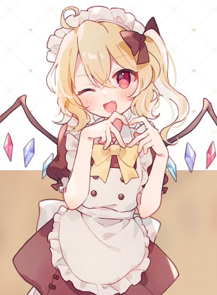 1girl ahoge alternate_costume apron blonde_hair blush bow bowtie crystal dress enmaided fang flandre_scarlet hair_between_eyes long_hair maid maid_day maid_headdress nig_18 one_eye_closed open_mouth red_dress red_eyes short_sleeves side_ponytail smile solo touhou white_apron wings yellow_bow yellow_bowtie