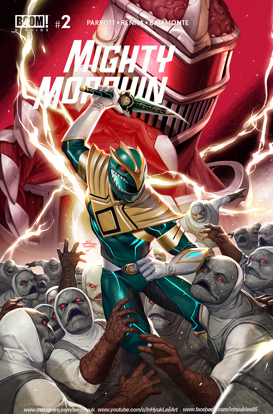 1girl armor bodysuit claws clenched_hand comic_cover copyright_name cover dagger english_commentary facebook_username fighting gloves green_ranger helmet highres holding holding_dagger holding_knife holding_weapon in-hyuk_lee instagram_username knife lightning lord_zedd male_focus open_mouth power_rangers red_eyes signature solo_focus weapon white_gloves youtube_username