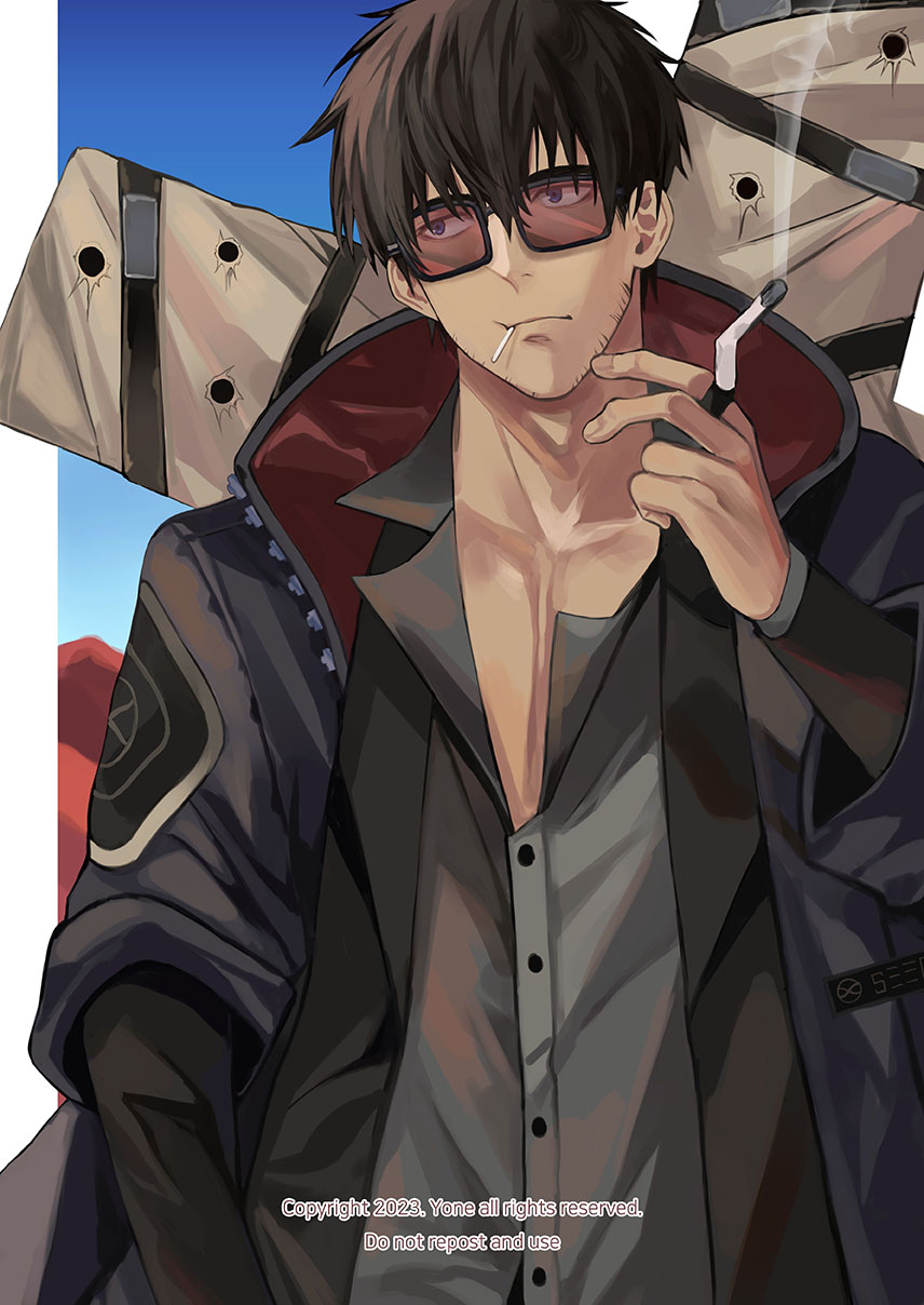 1boy black_eyes black_hair black_jacket cigarette closed_mouth collarbone collared_shirt cowboy_shot cross facial_hair glasses grey_shirt hand_up highres holding holding_cigarette jacket long_sleeves looking_away male_focus mouth_hold nicholas_d._wolfwood partially_unbuttoned shirt short_hair smoke solo standing stubble trigun trigun_stampede tte_(t_ombi)