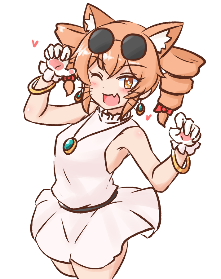 1girl ;d animal_ears bracelet bright_pupils cat_ears commentary_request cowboy_shot dress earrings eyewear_on_head fang heart jewelry looking_at_viewer mizusoba one_eye_closed open_mouth orange_eyes orange_hair pendant round_eyewear simple_background skin_fang sleeveless sleeveless_dress smile solo sunglasses touhou white_background white_dress white_pupils yorigami_jo'on