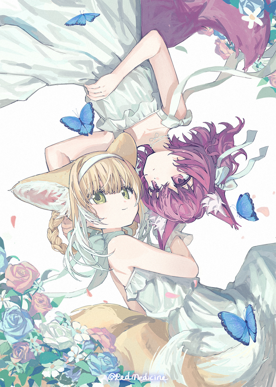 2girls alternate_costume animal_ear_fluff animal_ears arknights artist_name bare_arms bare_shoulders blonde_hair blue_butterfly braid bug butterfly chinese_commentary closed_mouth collarbone commentary_request dress flower fox_ears fox_tail green_eyes hair_ribbon hairband highres kitsune kyuubi matching_outfit multicolored_hair multiple_girls multiple_tails purple_hair red_(girllove) ribbon shamare_(arknights) short_hair smile sundress suzuran_(arknights) tail twin_braids two-tone_hair white_background white_dress white_hair white_hairband white_ribbon white_wrist_cuffs wrist_cuffs