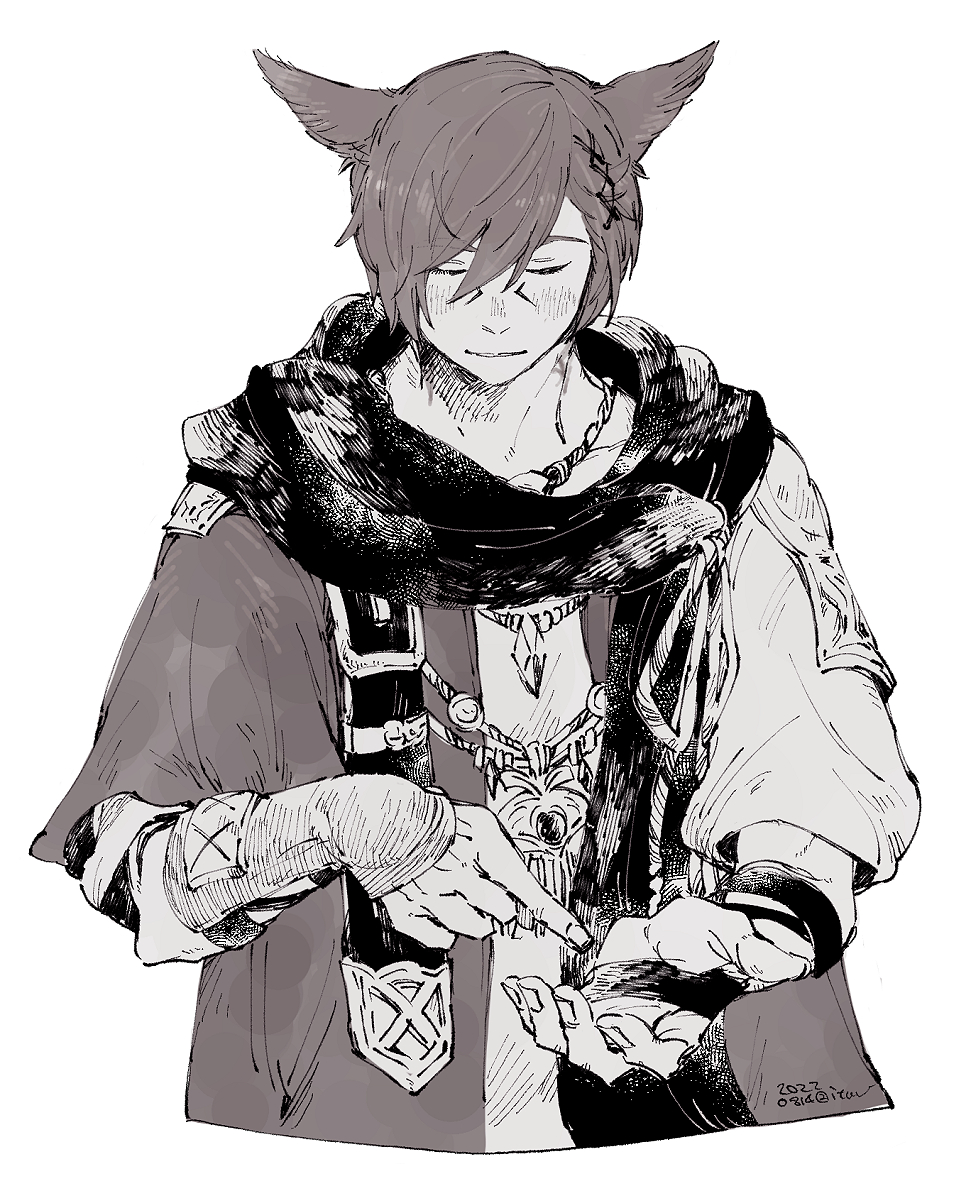 1boy animal_ears black_scarf brown_hair cat_ears closed_eyes collarbone cropped_torso dated elbow_gloves facial_mark facing_viewer final_fantasy final_fantasy_xiv fingerless_gloves g'raha_tia gloves hair_ornament itowff14 jacket jewelry male_focus miqo'te monochrome necklace parted_lips pointing scarf sepia short_hair shoulder_belt signature simple_background solo straight-on swept_bangs upper_body white_background x_hair_ornament