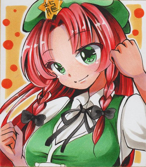 1girl beret black_ribbon braid breasts clenched_hands closed_mouth collared_shirt fighting_stance green_eyes green_headwear green_vest hat hat_ornament hong_meiling light_smile long_hair looking_at_viewer maccha_xxxxxx marker_(medium) medium_breasts neck_ribbon puffy_short_sleeves puffy_sleeves redhead ribbon shirt short_sleeves simple_background solo star_(symbol) star_hat_ornament touhou traditional_media twin_braids upper_body vest white_shirt yellow_background