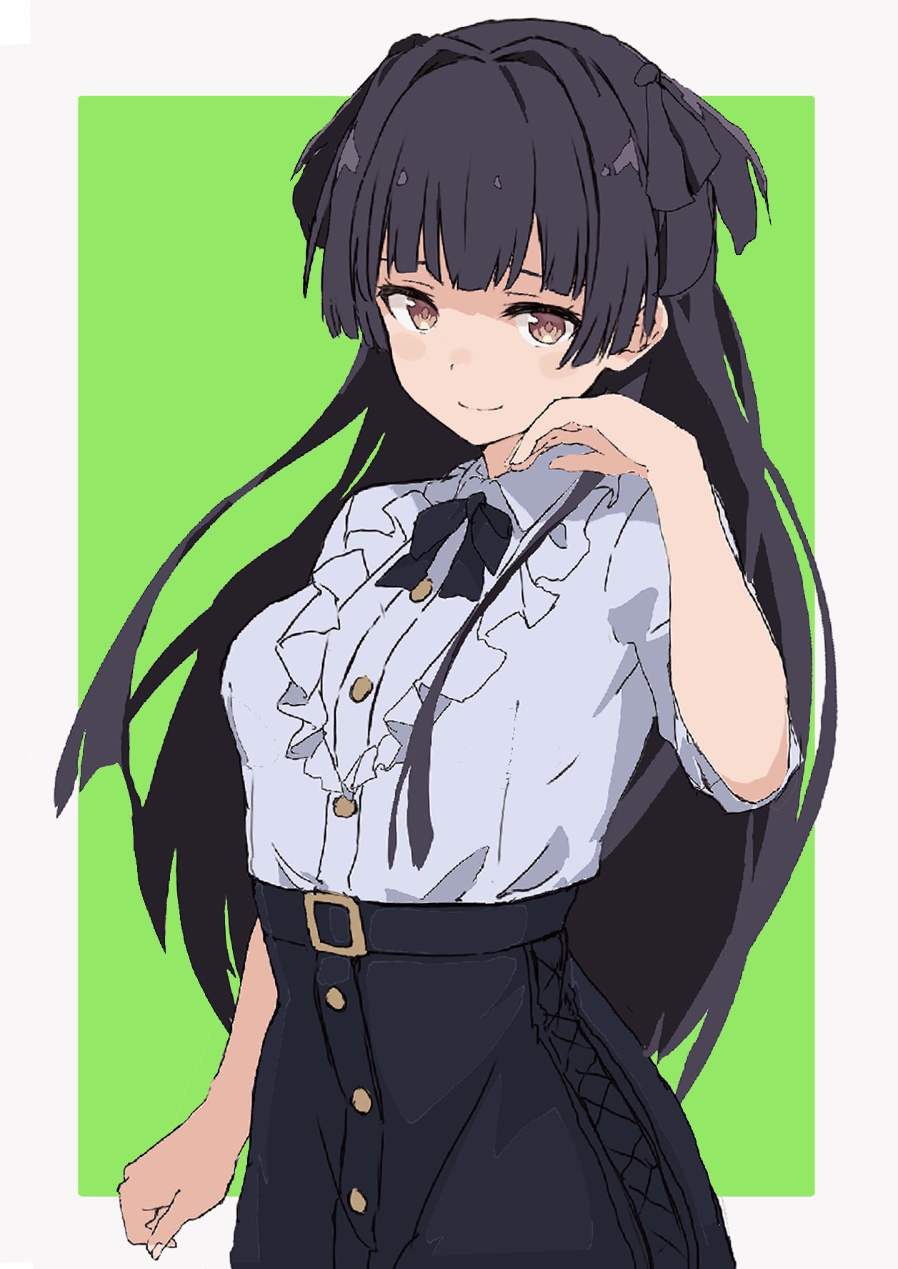 1girl belt black_belt black_bow black_bowtie black_hair black_skirt blunt_bangs blush bow bowtie breasts brown_eyes closed_mouth frilled_shirt frills green_background grid_background hand_on_own_face hand_up highres idolmaster idolmaster_shiny_colors long_hair looking_at_viewer mayuzumi_fuyuko medium_breasts rauto shirt short_sleeves simple_background skirt smile solo two-tone_background two_side_up upper_body white_background white_shirt