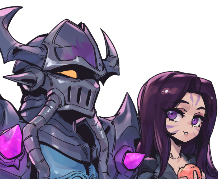 1boy 1girl collarbone facial_mark fake_horns father_and_daughter food grey_background hand_up helmet holding holding_food horned_helmet horns kai'sa kassadin league_of_legends long_hair looking_at_another orange_eyes phantom_ix_row purple_headwear sideways_glance simple_background violet_eyes