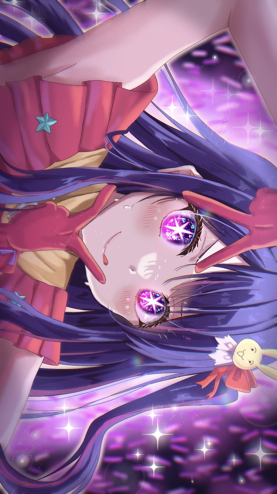 +_+ 1girl armpits blue_hair blush cheering close-up closed_mouth commentary_request dress frilled_dress frills gloves glowstick gradient_eyes gradient_hair hair_ornament hairclip head_tilt highres hoshino_ai_(oshi_no_ko) long_hair looking_at_viewer multicolored_eyes multicolored_hair one_side_up oshi_no_ko pink_dress pink_eyes pink_gloves purple_hair rabbit_hair_ornament ryucchi sidelocks sideways sleeveless sleeveless_dress smile solo star-shaped_pupils star_(symbol) sweatdrop swept_bangs symbol-shaped_pupils tongue tongue_out v violet_eyes