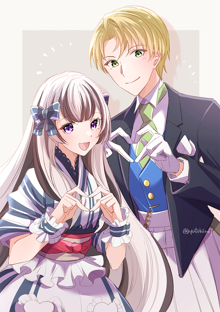 1boy 1girl :d alfred_(fire_emblem) alternate_costume blonde_hair closed_mouth dress fire_emblem fire_emblem_engage gloves green_eyes hair_ribbon heart heart_hands highres long_hair long_sleeves multicolored_hair necktie official_alternate_costume open_mouth ribbon short_hair smile two-tone_hair very_long_hair veyle_(fire_emblem) violet_eyes white_gloves yutohiroya