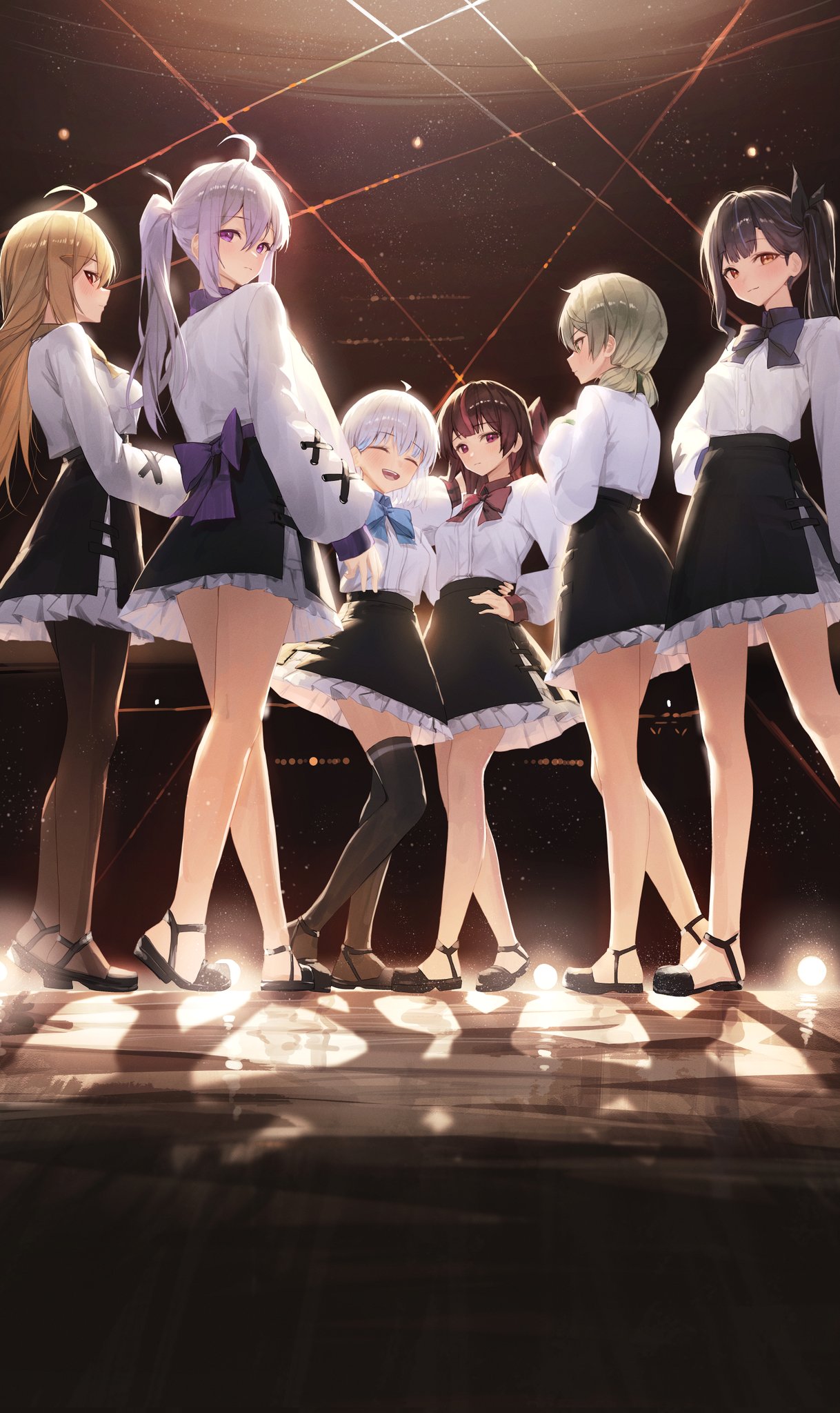 6+girls :d ^_^ ahoge asymmetrical_hair asymmetrical_sidelocks black_hair black_pantyhose black_skirt black_thighhighs blonde_hair blue_bow blue_hair bob_cut bow brown_eyes brown_hair character_request closed_eyes copyright_request cropped_arms cropped_legs frilled_skirt frills full_body gnns green_bow green_eyes green_hair grey_hair hair_bow hair_ornament hairclip hand_on_another's_waist hand_on_own_hip highres idol light long_hair long_sleeves looking_at_viewer looking_back low_twintails medium_hair mixed-language_commentary multicolored_hair multiple_girls pantyhose ponytail purple_bow purple_hair red_bow red_eyes redhead sandals shirt short_twintails side_ponytail sidelocks skirt smile stage stage_lights standing thigh-highs twintails violet_eyes white_hair white_shirt yellow_bow