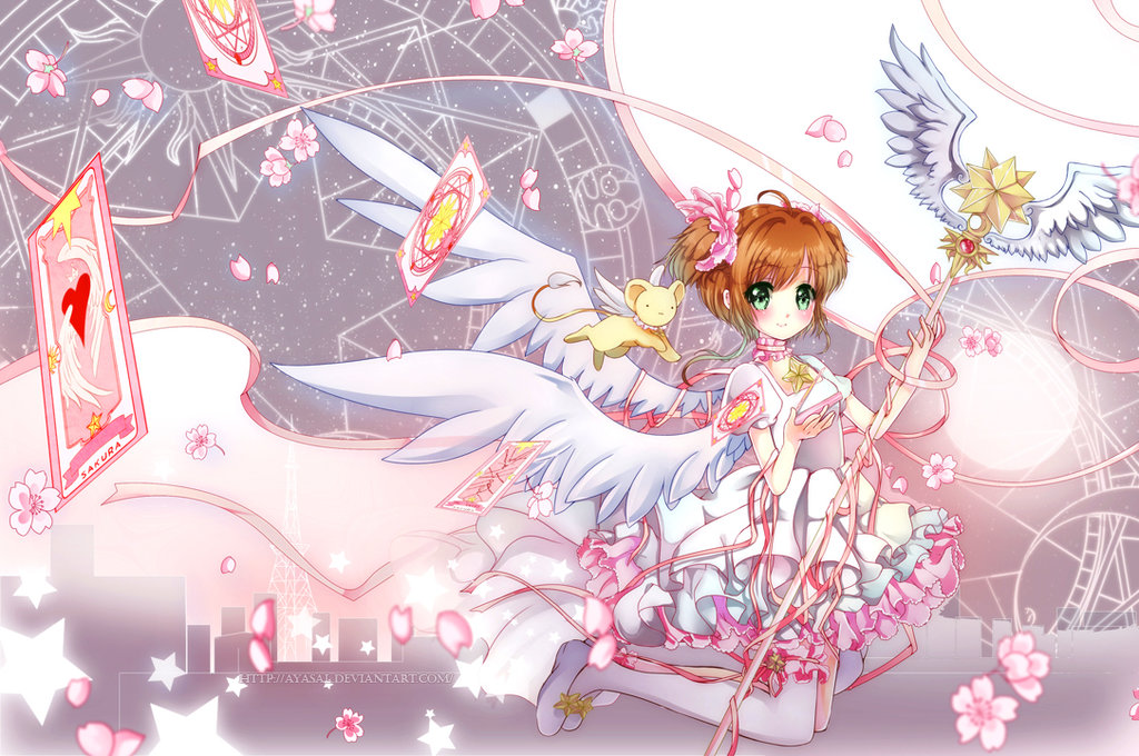 1girl ayasal blush brown_hair cake cardcaptor_sakura cherry_blossoms clow_card dot_nose dress falling_card falling_petals flat_chest flying food green_eyes hair_ornament holding holding_cake holding_food holding_wand kero kinomoto_sakura layered_dress looking_at_viewer magical_girl moon night night_sky petals pink_headwear pink_ribbon puffy_short_sleeves puffy_sleeves ribbon sakura_card shoes short_hair short_sleeves sidelocks single_thighhigh sky skyline smile solo star_(sky) star_(symbol) starry_sky swept_bangs thigh-highs tokyo_tower wand white_dress white_footwear white_thighhighs wings