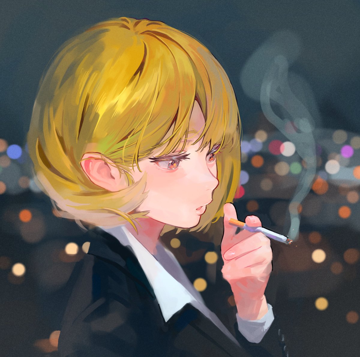 1girl bags_under_eyes black_suit blonde_hair blurry blurry_background bokeh cigarette depth_of_field formal from_side holding holding_cigarette looking_down night original sekoshi_(some1else45) shirt short_hair smoking solo some1else45 suit white_shirt