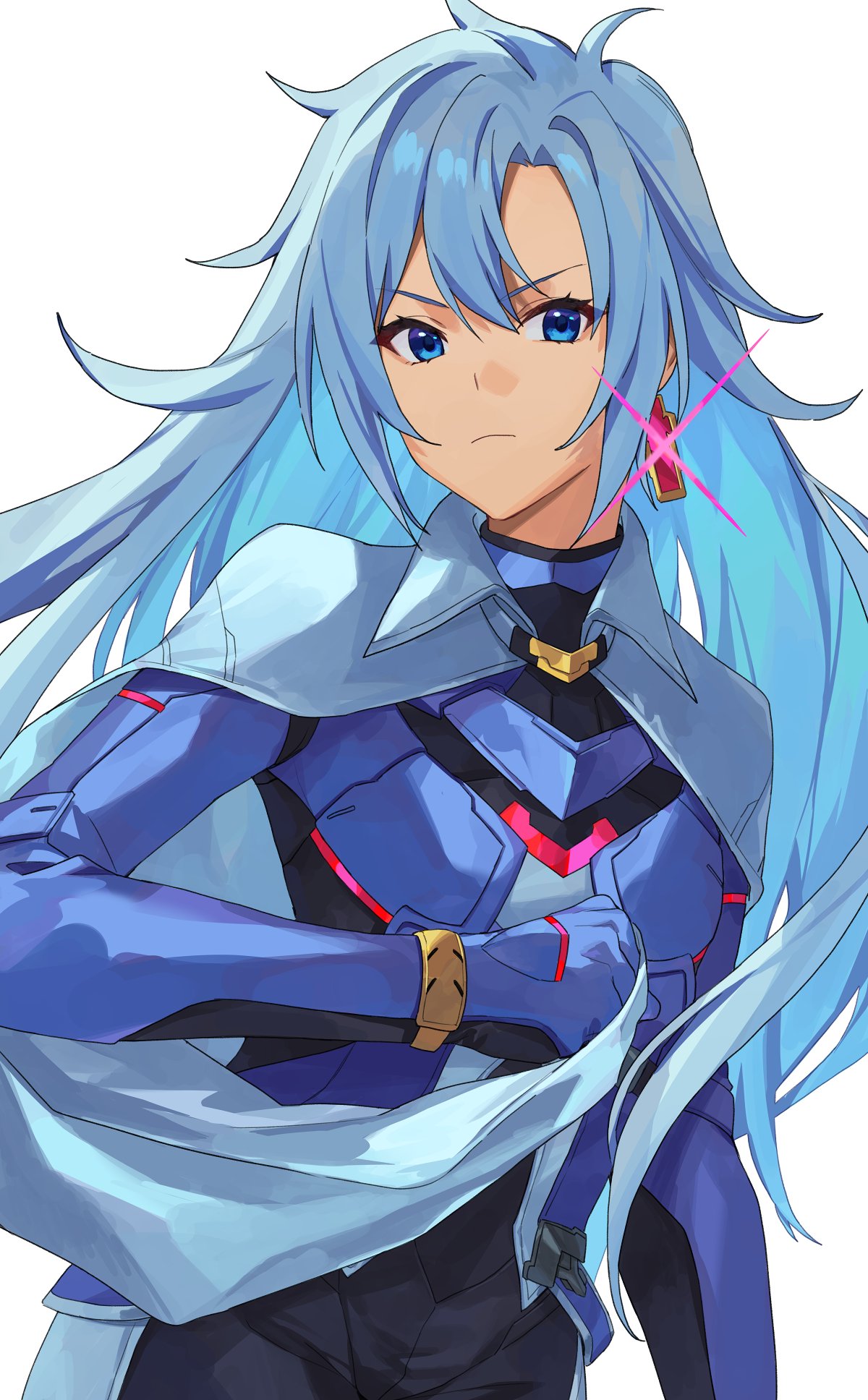 1girl a_(xenoblade) armor blue_eyes cape cape_grab closed_mouth clothes_grab collared_cape earrings hair_between_eyes hair_intakes highres jewelry kamu_(kamuuei) light_frown long_hair looking_at_viewer messy_hair simple_background single_earring solo very_long_hair xenoblade_chronicles_(series) xenoblade_chronicles_3 xenoblade_chronicles_3:_future_redeemed