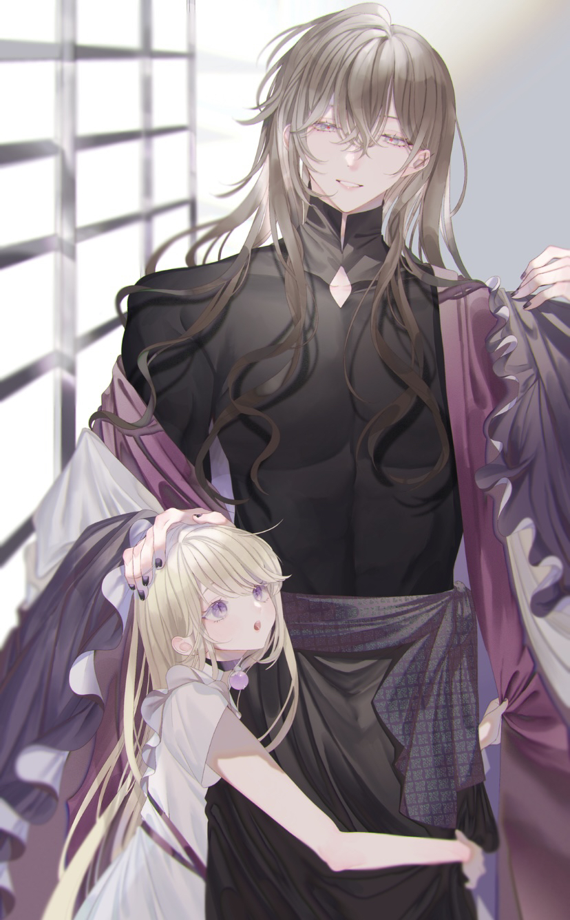 1boy 1girl age_difference bishounen black_choker black_nails black_robe blonde_hair brooch choker couple dress grey_hair hair_between_eyes hand_on_another's_head hetero highres hug indoors jewelry light_rays long_hair looking_at_another msa_(fary_white) open_mouth original red_pupils robe short_sleeves slit_pupils smile very_long_hair violet_eyes white_dress white_eyes window