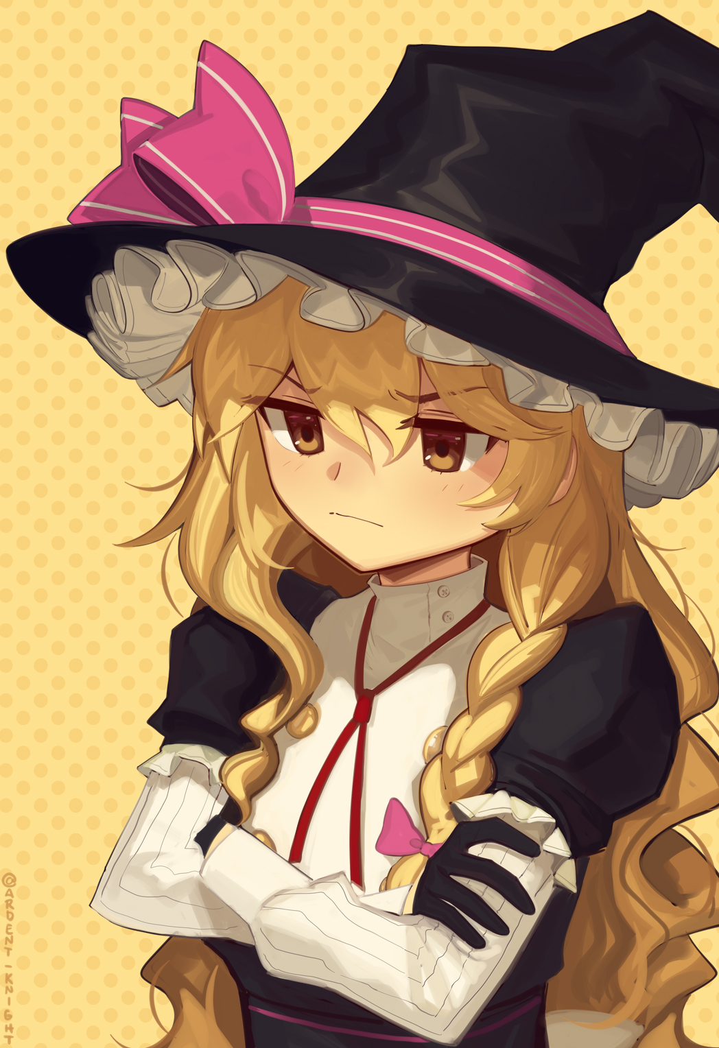 1girl adapted_costume black_gloves blonde_hair boa_(brianoa) bow brown_eyes closed_mouth crossed_arms expressionless frills furrowed_brow gloves hair_between_eyes hair_ribbon hat hat_bow highres kirisame_marisa layered_sleeves long_hair long_sleeves pink_bow red_ribbon ribbon short_over_long_sleeves short_sleeves simple_background solo touhou tress_ribbon upper_body witch_hat yellow_background