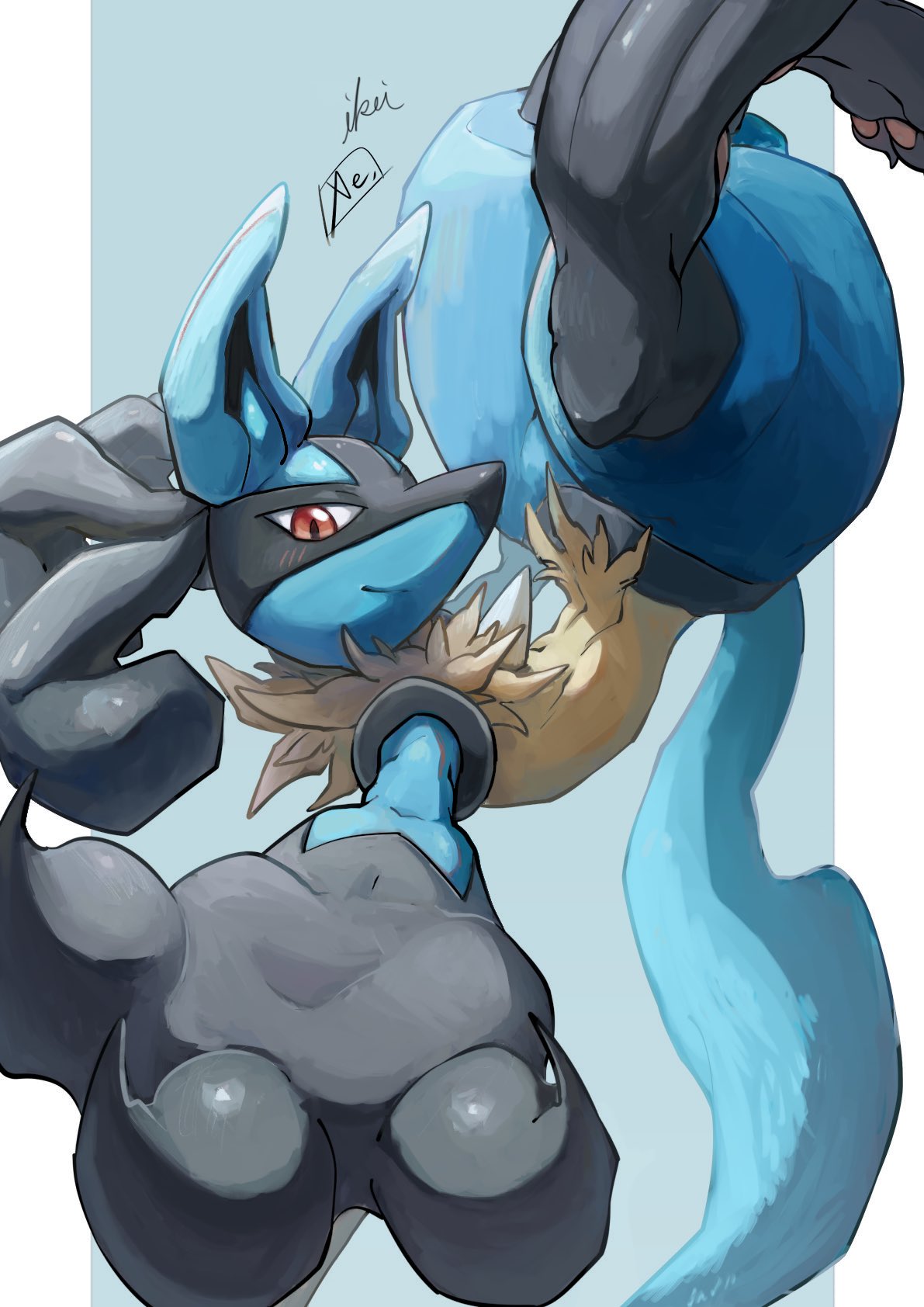 1boy animal_ears animal_feet animal_hands arm_up artist_name black_fur blue_background blue_fur blush body_fur claws closed_mouth collaboration colorized commentary_request foreshortening furry furry_male happy highres ikei kisenon_(00kuromu00) light_blush looking_at_viewer lucario male_focus multicolored_fur navel outstretched_arm pawpads pokemon pokemon_(creature) reaching reaching_towards_viewer red_eyes sideways_mouth signature simple_background smile snout solo spikes split_mouth tail thick_thighs thighs upside-down wide_hips wolf_boy wolf_ears wolf_tail yellow_fur