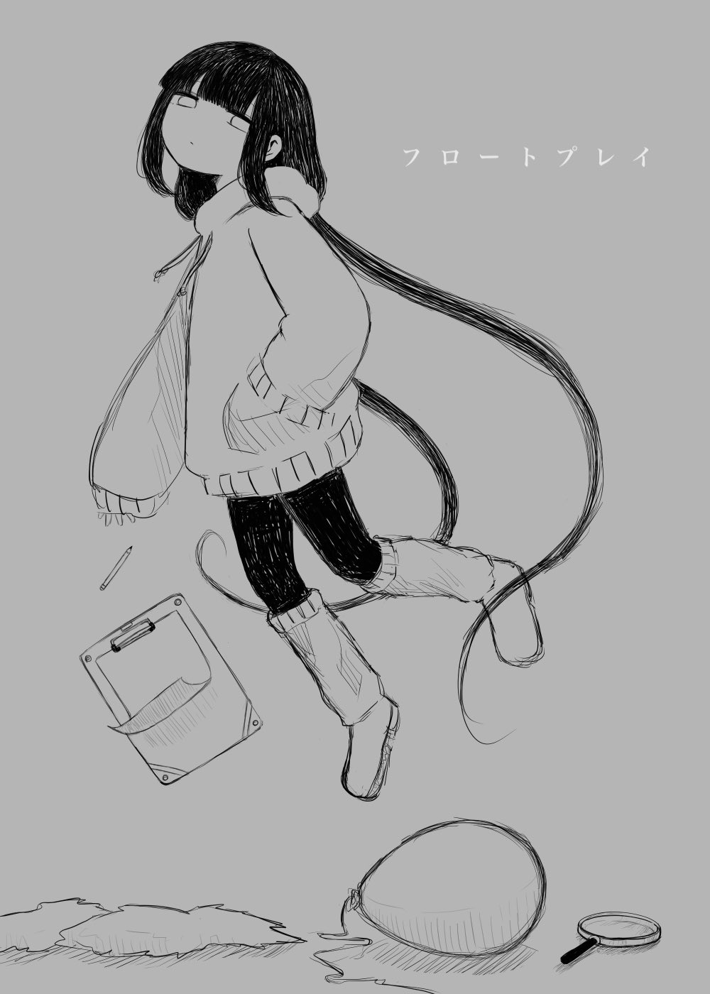 1girl absurdly_long_hair balloon blunt_bangs clipboard closed_mouth commentary_request expressionless float_play_(vocaloid) floating from_side full_body greyscale gyobi hand_in_pocket head_back highres hood hood_down hoodie leg_warmers leggings long_hair looking_at_viewer looking_to_the_side low_twintails magnifying_glass monochrome osage_(inabakumori) pencil shoes simple_background sleeves_past_wrists solo song_name translation_request twintails very_long_hair vocaloid